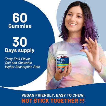 Kalium Magnesium Gummibärchen - Magnesiumglycinat B6, D3 & Kaliumcitrat gegen Wadenkrämpfe, Muskeln, Elektrolyte für Erwachsene & Kinder - Zuckerfrei - 60 Blaubeer-Gummis