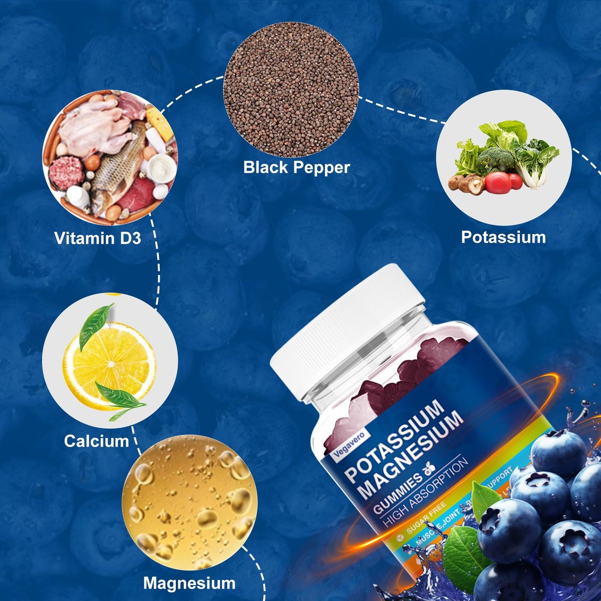 Kalium Magnesium Gummibärchen - Magnesiumglycinat B6, D3 & Kaliumcitrat gegen Wadenkrämpfe, Muskeln, Elektrolyte für Erwachsene & Kinder - Zuckerfrei - 60 Blaubeer-Gummis