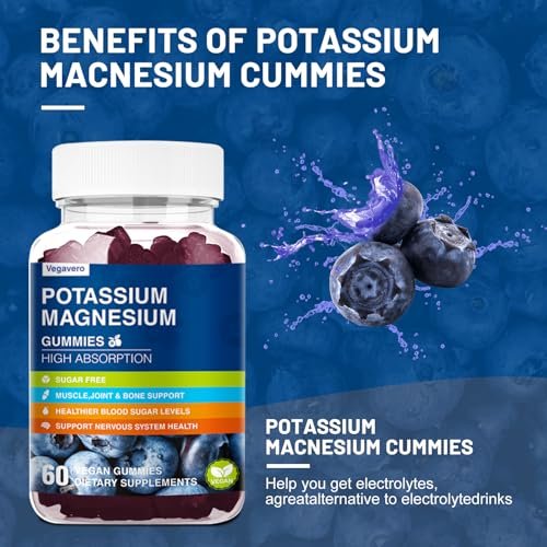 Kalium Magnesium Gummibärchen - Magnesiumglycinat B6, D3 & Kaliumcitrat gegen Wadenkrämpfe, Muskeln, Elektrolyte für Erwachsene & Kinder - Zuckerfrei - 60 Blaubeer-Gummis