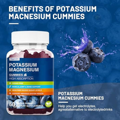 Kalium Magnesium Gummibärchen - Magnesiumglycinat B6, D3 & Kaliumcitrat gegen Wadenkrämpfe, Muskeln, Elektrolyte für Erwachsene & Kinder - Zuckerfrei - 60 Blaubeer-Gummis