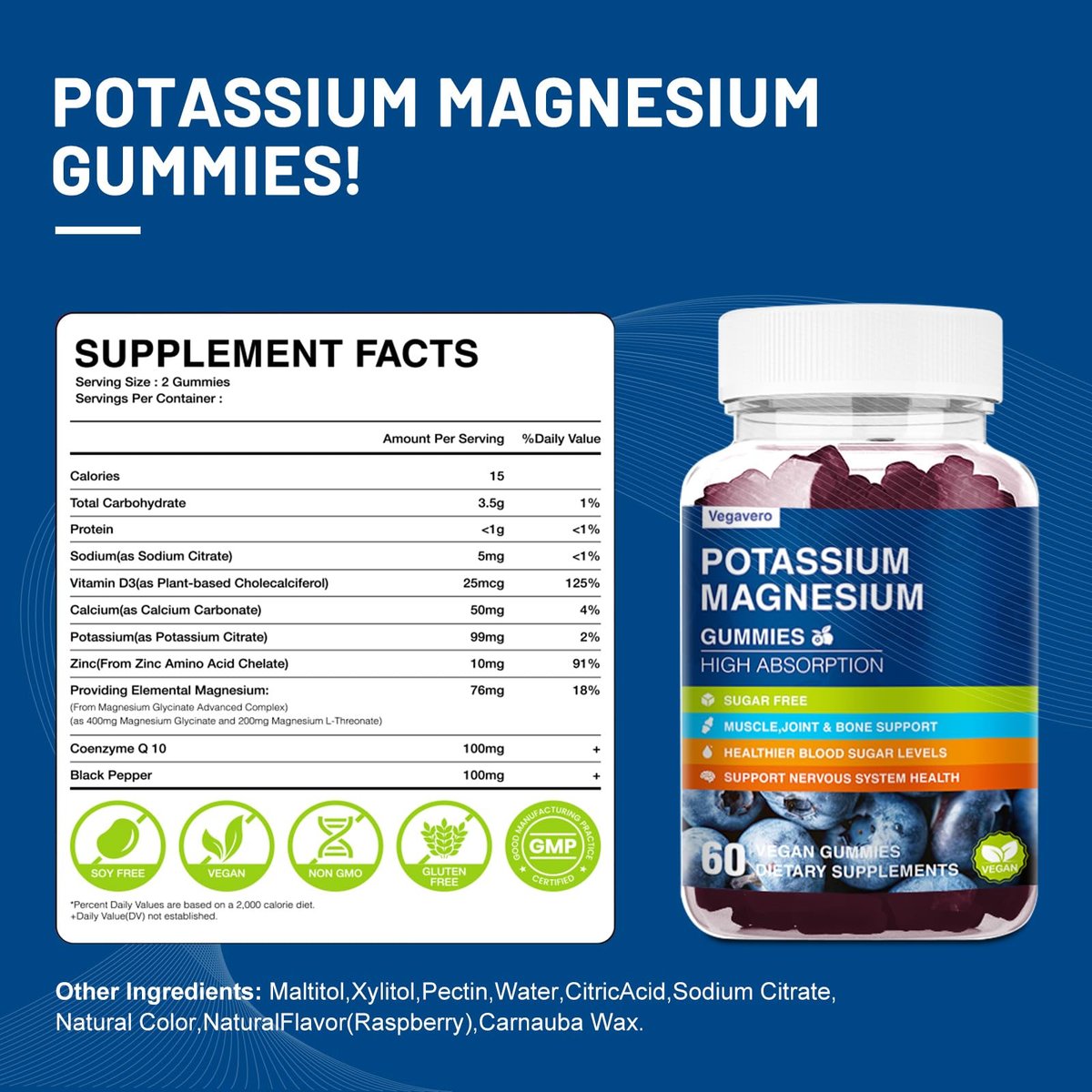 Kalium Magnesium Gummibärchen - Magnesiumglycinat B6, D3 & Kaliumcitrat gegen Wadenkrämpfe, Muskeln, Elektrolyte für Erwachsene & Kinder - Zuckerfrei - 60 Blaubeer-Gummis