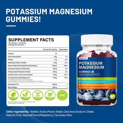Kalium Magnesium Gummibärchen - Magnesiumglycinat B6, D3 & Kaliumcitrat gegen Wadenkrämpfe, Muskeln, Elektrolyte für Erwachsene & Kinder - Zuckerfrei - 60 Blaubeer-Gummis