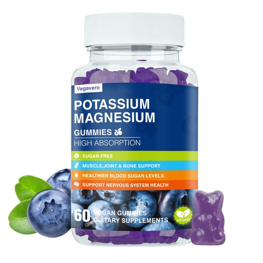 Kalium Magnesium Gummibärchen - Magnesiumglycinat B6, D3 & Kaliumcitrat gegen Wadenkrämpfe, Muskeln, Elektrolyte für Erwachsene & Kinder - Zuckerfrei - 60 Blaubeer-Gummis