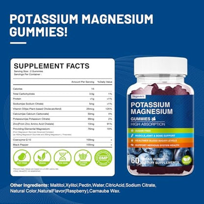 Kalium Magnesium Gummibärchen - Magnesiumglycinat B6, D3 & Kaliumcitrat gegen Wadenkrämpfe, Muskeln, Elektrolyte für Erwachsene & Kinder - Zuckerfrei - 60 Blaubeer-Gummis