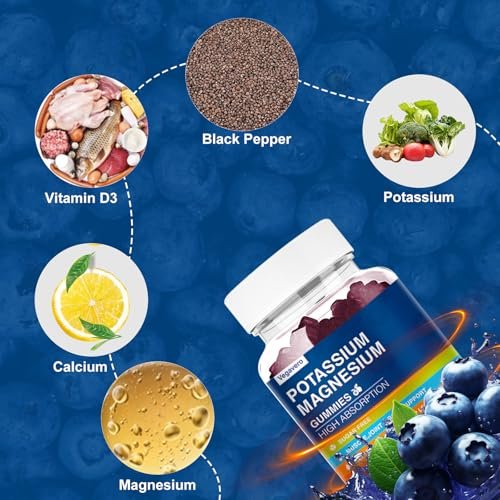 Kalium Magnesium Gummibärchen - Magnesiumglycinat B6, D3 & Kaliumcitrat gegen Wadenkrämpfe, Muskeln, Elektrolyte für Erwachsene & Kinder - Zuckerfrei - 60 Blaubeer-Gummis