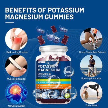 Kalium Magnesium Gummibärchen - Magnesiumglycinat B6, D3 & Kaliumcitrat gegen Wadenkrämpfe, Muskeln, Elektrolyte für Erwachsene & Kinder - Zuckerfrei - 60 Blaubeer-Gummis