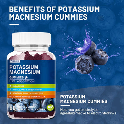 Kalium Magnesium Gummibärchen - Magnesiumglycinat B6, D3 & Kaliumcitrat gegen Wadenkrämpfe, Muskeln, Elektrolyte für Erwachsene & Kinder - Zuckerfrei - 60 Blaubeer-Gummis