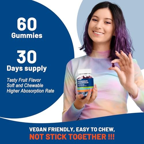 Kalium Magnesium Gummibärchen - Magnesiumglycinat B6, D3 & Kaliumcitrat gegen Wadenkrämpfe, Muskeln, Elektrolyte für Erwachsene & Kinder - Zuckerfrei - 60 Blaubeer-Gummis