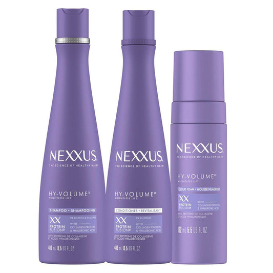 Nexxus HY-VOLUME Weightless Lift Shampoo, Conditioner & Schaum 3er-Pack PROTEIN FUSION mit Kollagenprotein & Hyaluronsäure für plattes und kraftloses Haar, 48 Stunden Volumen, 13,5 fl oz & 5,5 fl oz