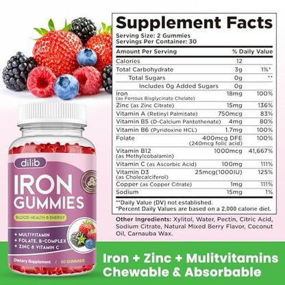 Eisen Gummibärchen mit Multivitamin, Eisenpräparat für Frauen & Männer mit Zink, Vitamin B Komplex & C, B12, Folsäure - Blutbildner & Energieunterstützung für Erwachsene & Kinder - gemischter Beerengeschmack, vegan 60 Gummibärchen