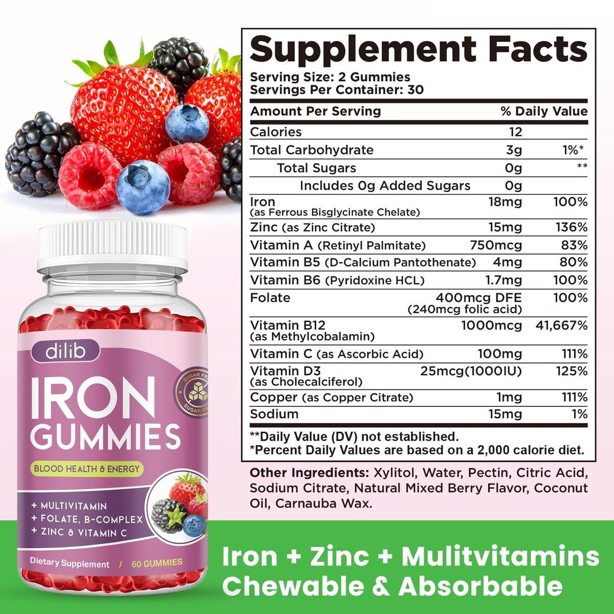Eisen Gummibärchen mit Multivitamin, Eisenpräparat für Frauen & Männer mit Zink, Vitamin B Komplex & C, B12, Folsäure - Blutbildner & Energieunterstützung für Erwachsene & Kinder - gemischter Beerengeschmack, vegan 60 Gummibärchen