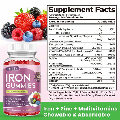 Eisen Gummibärchen mit Multivitamin, Eisenpräparat für Frauen & Männer mit Zink, Vitamin B Komplex & C, B12, Folsäure - Blutbildner & Energieunterstützung für Erwachsene & Kinder - gemischter Beerengeschmack, vegan 60 Gummibärchen