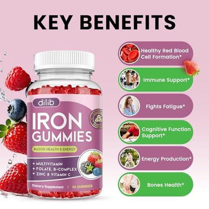 Eisen Gummibärchen mit Multivitamin, Eisenpräparat für Frauen & Männer mit Zink, Vitamin B Komplex & C, B12, Folsäure - Blutbildner & Energieunterstützung für Erwachsene & Kinder - gemischter Beerengeschmack, vegan 60 Gummibärchen