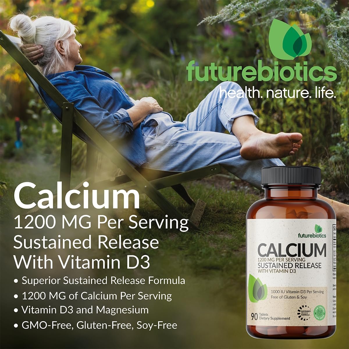 Futurebiotics Calcium 1200 mg mit Vitamin D3 1000 IE, 90 vegane Tabletten – Nachhaltige Freisetzung, Non-GMO
