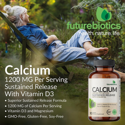 Futurebiotics Calcium 1200 mg mit Vitamin D3 1000 IE, 90 vegane Tabletten – Nachhaltige Freisetzung, Non-GMO