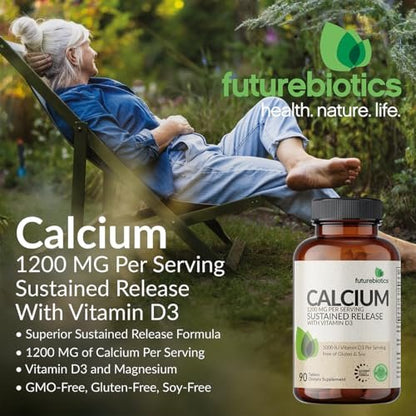 Futurebiotics Calcium 1200 mg mit Vitamin D3 1000 IE, 90 vegane Tabletten – Nachhaltige Freisetzung, Non-GMO