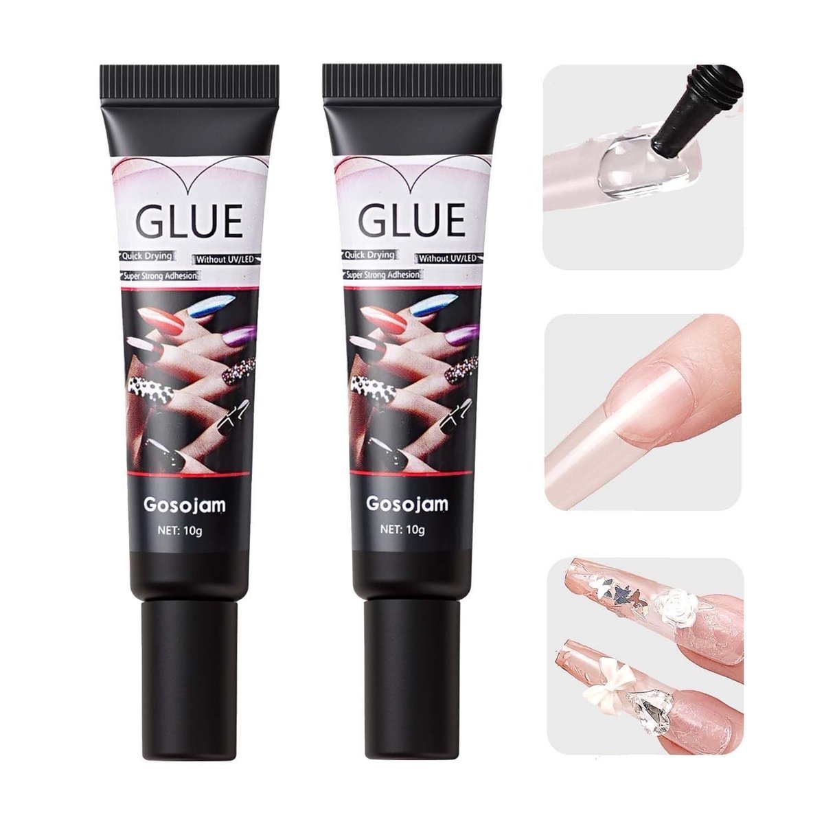 Gosojam Nagelkleber 2er-Pack – Schnelltrocknender, langanhaltender Kleber für Acryl-, Press-On- & Gelnägel – Wasserfest, kein UV/LED nötig, 10g x 2 – Starke Haftung, schonend zu den Nägeln, ideal für DIY & Salon