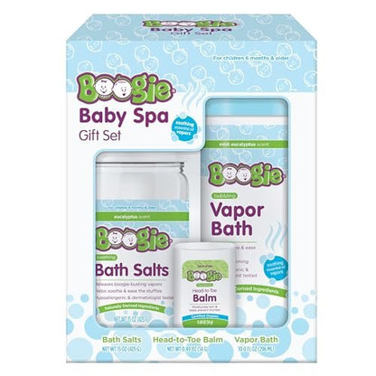 Boogie Spa Kit – Badesalze, Dampfbad & Brustbalsam für Kinder (3-teiliges Set, Eukalyptus)