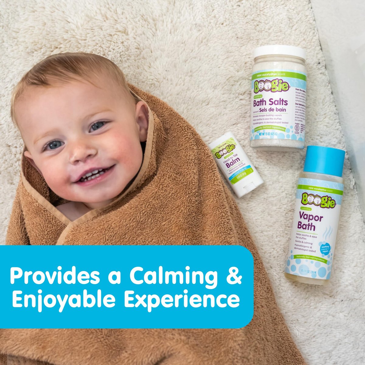 Boogie Spa Kit – Badesalze, Dampfbad & Brustbalsam für Kinder (3-teiliges Set, Eukalyptus)