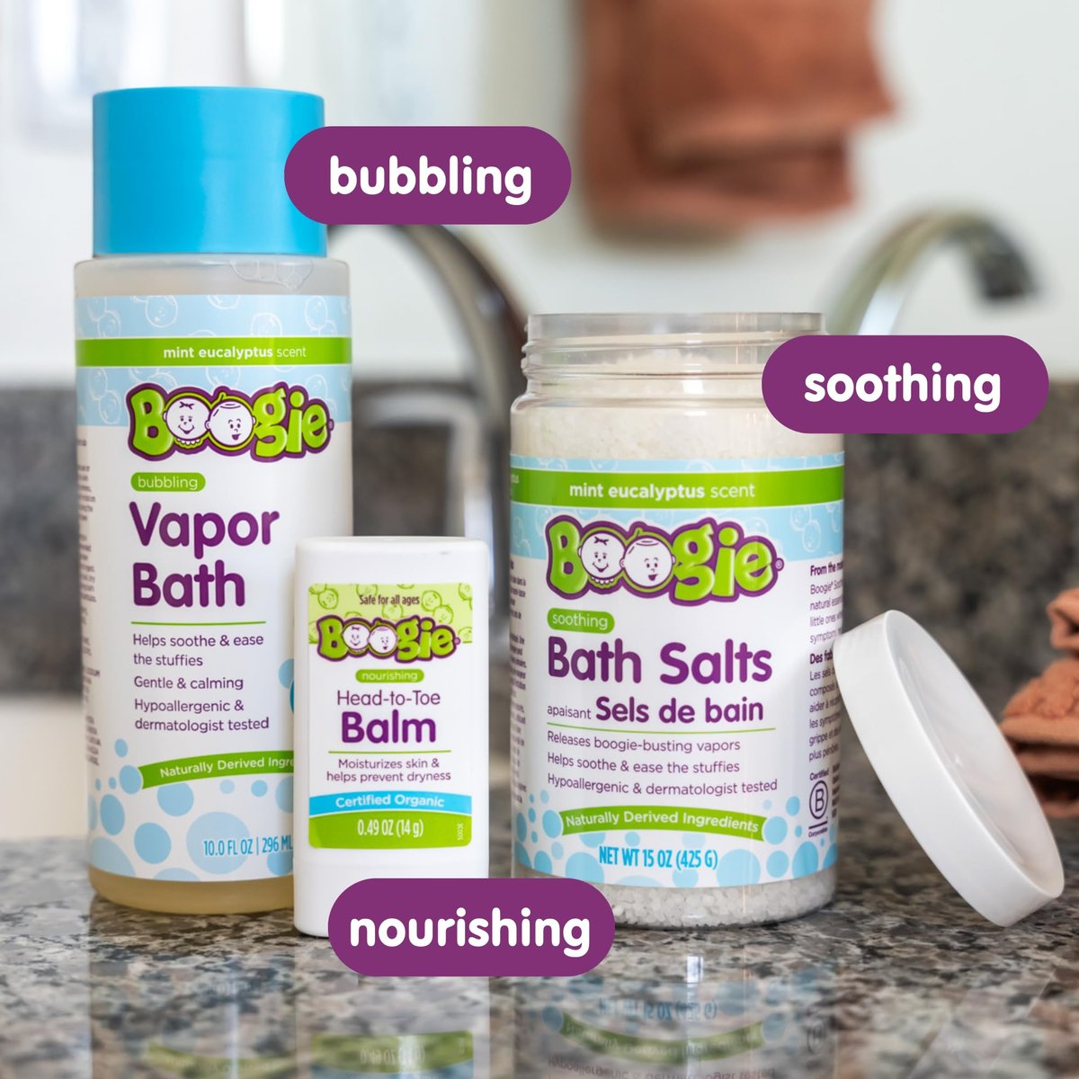 Boogie Spa Kit – Badesalze, Dampfbad & Brustbalsam für Kinder (3-teiliges Set, Eukalyptus)