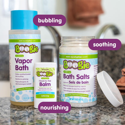 Boogie Spa Kit – Badesalze, Dampfbad & Brustbalsam für Kinder (3-teiliges Set, Eukalyptus)