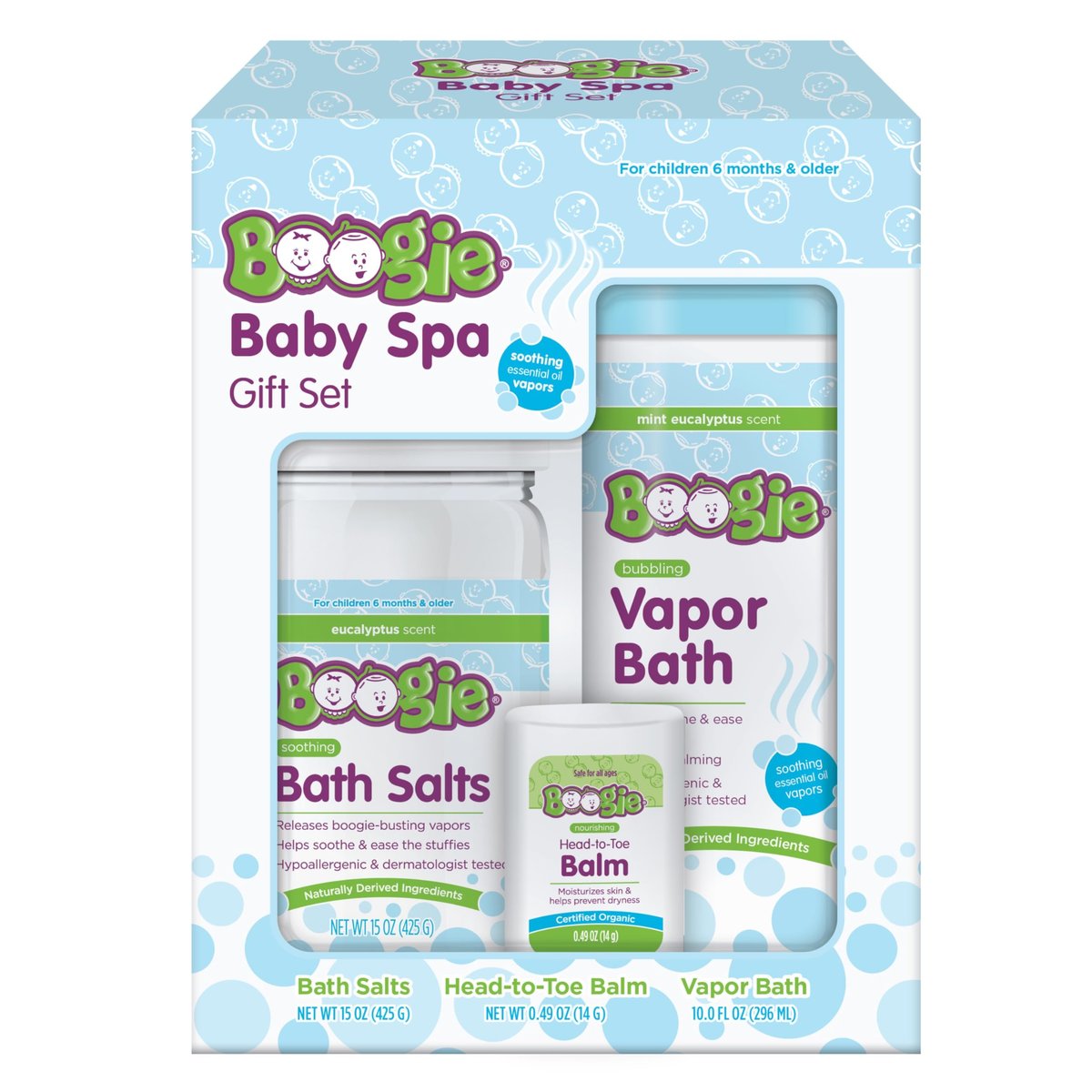 Boogie Spa Kit – Badesalze, Dampfbad & Brustbalsam für Kinder (3-teiliges Set, Eukalyptus)
