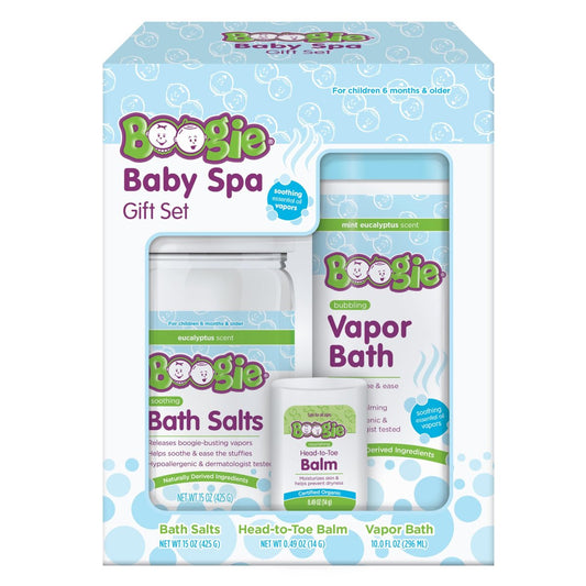 Boogie Spa Kit – Badesalze, Dampfbad & Brustbalsam für Kinder (3-teiliges Set, Eukalyptus)