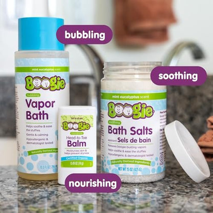 Boogie Spa Kit – Badesalze, Dampfbad & Brustbalsam für Kinder (3-teiliges Set, Eukalyptus)