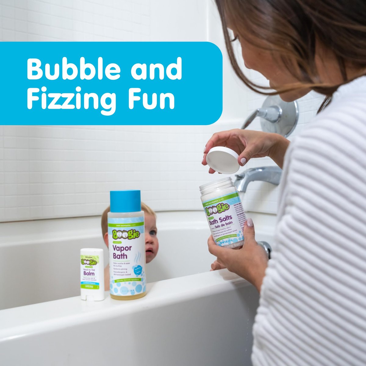 Boogie Spa Kit – Badesalze, Dampfbad & Brustbalsam für Kinder (3-teiliges Set, Eukalyptus)