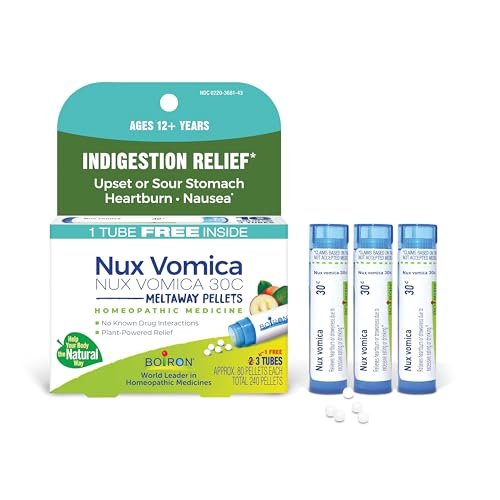 Boiron Nux Vomica 30C Homöopathisches Mittel gegen Verdauungsstörungen, Übelkeit, Sodbrennen und Magenverstimmung – 3 Packungen (240 Kügelchen)