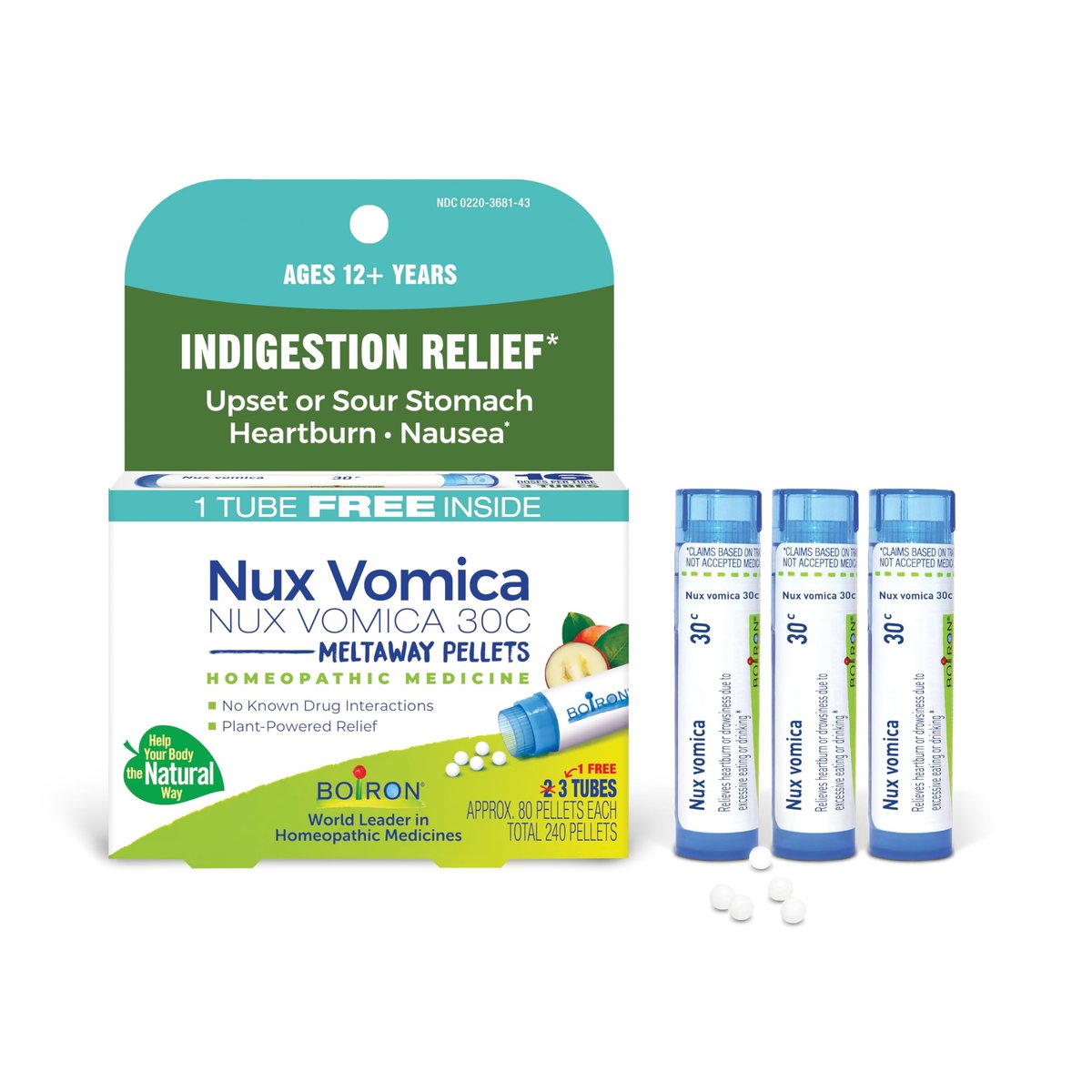 Boiron Nux Vomica 30C Homöopathisches Mittel gegen Verdauungsstörungen, Übelkeit, Sodbrennen und Magenverstimmung – 3 Packungen (240 Kügelchen)