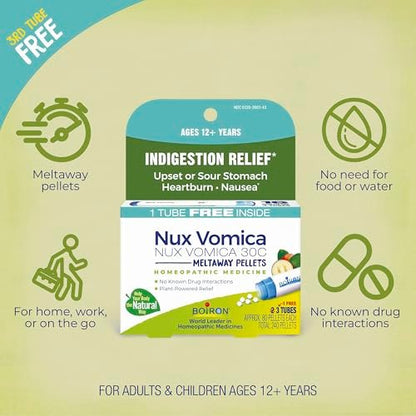 Boiron Nux Vomica 30C Homöopathisches Mittel gegen Verdauungsstörungen, Übelkeit, Sodbrennen und Magenverstimmung – 3 Packungen (240 Kügelchen)