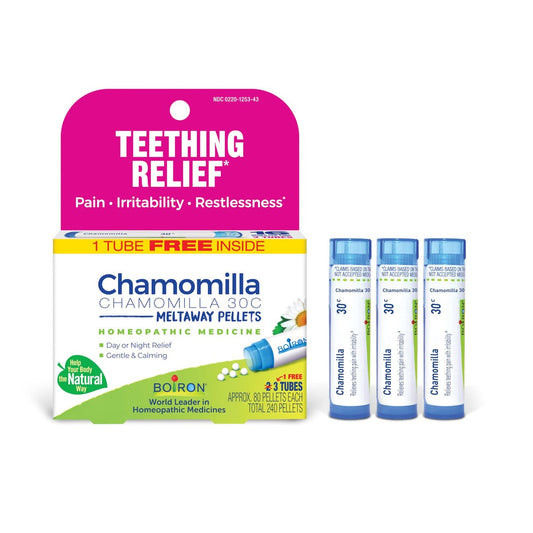 Boiron Chamomilla 30C Homöopathisches Arzneimittel für Zahnungsbeschwerden, Schmerzen, Reizbarkeit und Unruhe – 3 Packungen (240 Kügelchen)