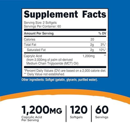 Nutricost Caprylsäure 1200 mg, 120 Softgels – Hochdosiertes Nahrungsergänzungsmittel