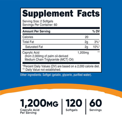 Nutricost Caprylsäure 1200 mg, 120 Softgels – Hochdosiertes Nahrungsergänzungsmittel