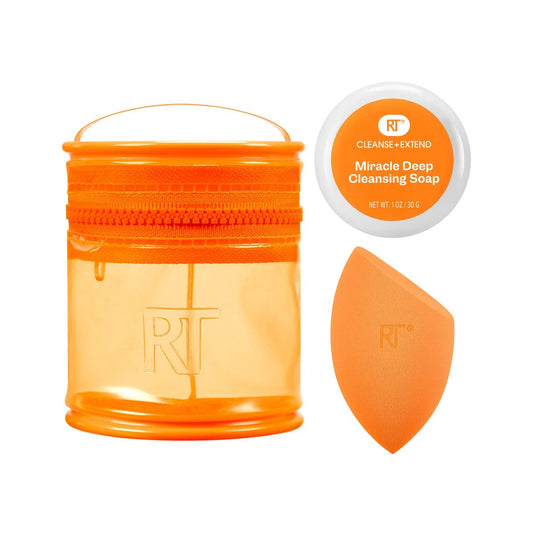 Real Techniques Miracle Blend + Cleanse 3-teiliges Set – Make-up-Schwamm für nahtloses Foundation-Blending & feste Seife zur Tiefenreinigung, inkl. Reiseetui, tierversuchsfrei & latexfrei
