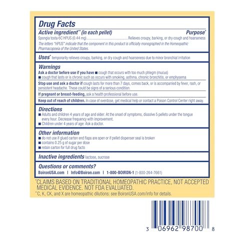 Boiron Spongia Tosta 6C Homöopathisches Mittel bei trockenem Husten, Krupphusten, bellendem Husten oder Heiserkeit – 3 Packungen (240 Kügelchen)