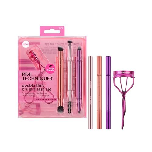 Real Techniques Double Time Brush + Lash 4-teiliges Set – Dual-Ended Augen-Make-up-Pinsel für Lidschatten & Brauen, Reisefreundliche Schutzkappen, inkl. Wimpernzange, tierversuchsfrei