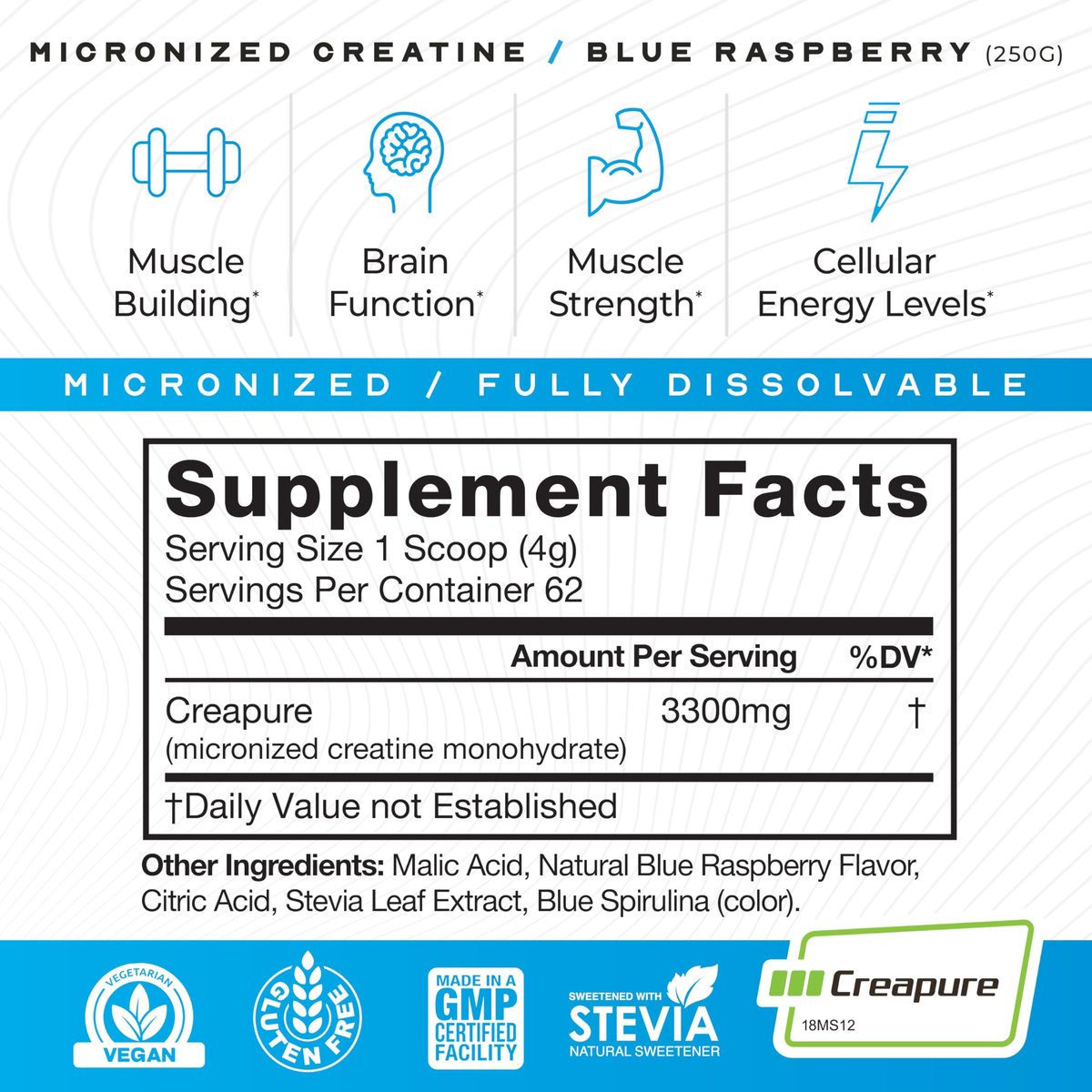 Muscle Feast Creapure Micronisiertes Kreatin-Monohydrat-Pulver | Premium Pre-Workout oder Post-Workout | Kreatin für Frauen & Männer | Leicht zu mischen, glutenfrei, sicher und rein (Blaue Himbeere, 250 g)