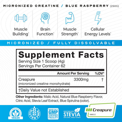 Muscle Feast Creapure Micronisiertes Kreatin-Monohydrat-Pulver | Premium Pre-Workout oder Post-Workout | Kreatin für Frauen & Männer | Leicht zu mischen, glutenfrei, sicher und rein (Blaue Himbeere, 250 g)