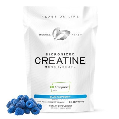 Muscle Feast Creapure Micronisiertes Kreatin-Monohydrat-Pulver | Premium Pre-Workout oder Post-Workout | Kreatin für Frauen & Männer | Leicht zu mischen, glutenfrei, sicher und rein (Blaue Himbeere, 250 g)