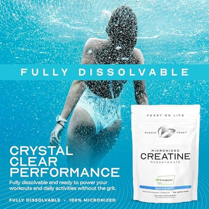 Muscle Feast Creapure Micronisiertes Kreatin-Monohydrat-Pulver | Premium Pre-Workout oder Post-Workout | Kreatin für Frauen & Männer | Leicht zu mischen, glutenfrei, sicher und rein (Blaue Himbeere, 250 g)