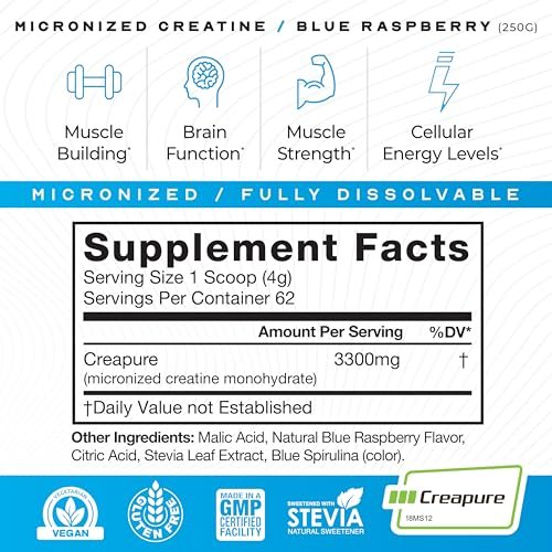 Muscle Feast Creapure Micronisiertes Kreatin-Monohydrat-Pulver | Premium Pre-Workout oder Post-Workout | Kreatin für Frauen & Männer | Leicht zu mischen, glutenfrei, sicher und rein (Blaue Himbeere, 250 g)