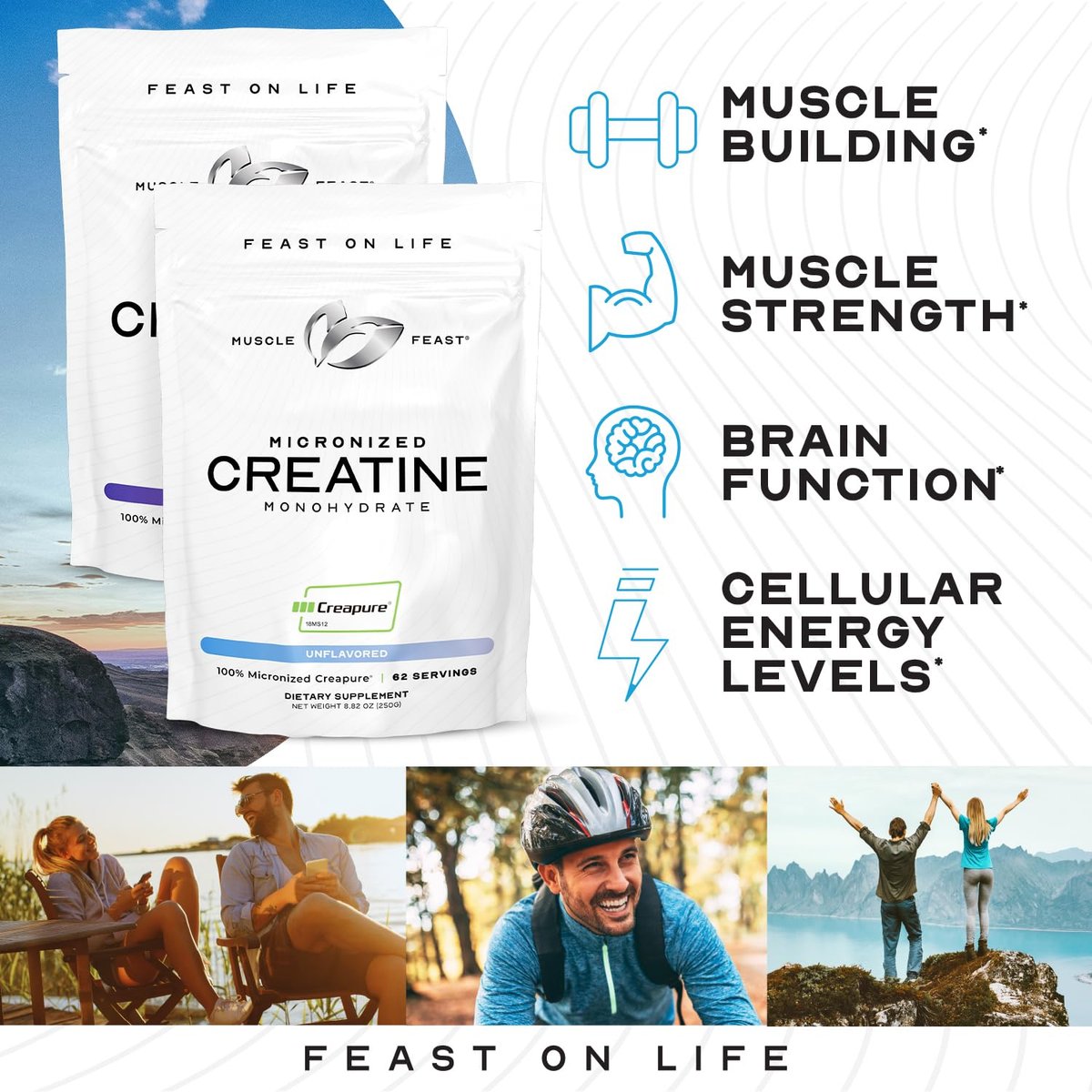 Muscle Feast Creapure Micronisiertes Kreatin-Monohydrat-Pulver | Premium Pre-Workout oder Post-Workout | Kreatin für Frauen & Männer | Leicht zu mischen, glutenfrei, sicher und rein (Blaue Himbeere, 250 g)
