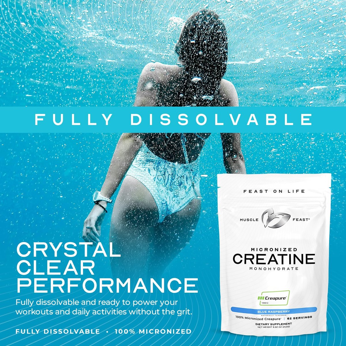 Muscle Feast Creapure Micronisiertes Kreatin-Monohydrat-Pulver | Premium Pre-Workout oder Post-Workout | Kreatin für Frauen & Männer | Leicht zu mischen, glutenfrei, sicher und rein (Blaue Himbeere, 250 g)