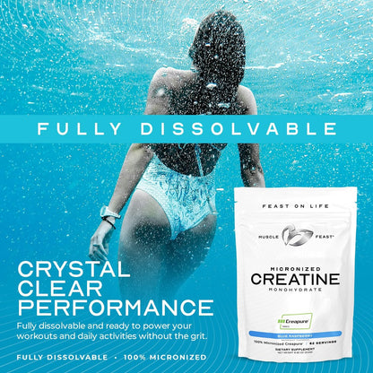 Muscle Feast Creapure Micronisiertes Kreatin-Monohydrat-Pulver | Premium Pre-Workout oder Post-Workout | Kreatin für Frauen & Männer | Leicht zu mischen, glutenfrei, sicher und rein (Blaue Himbeere, 250 g)