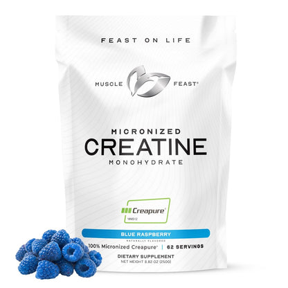 Muscle Feast Creapure Micronisiertes Kreatin-Monohydrat-Pulver | Premium Pre-Workout oder Post-Workout | Kreatin für Frauen & Männer | Leicht zu mischen, glutenfrei, sicher und rein (Blaue Himbeere, 250 g)