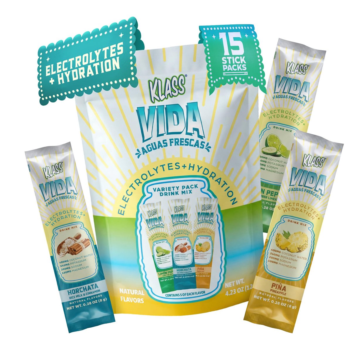 KLASS VIDA Variety Pack Ananas, Horchata & Gurken-Limetten-Limonade Agua Fresca Elektrolyte | Elektrolyt-Getränkemischung | Zuckerfreie Elektrolyte | Hydrationsbeutel | 15 Stick-Packs