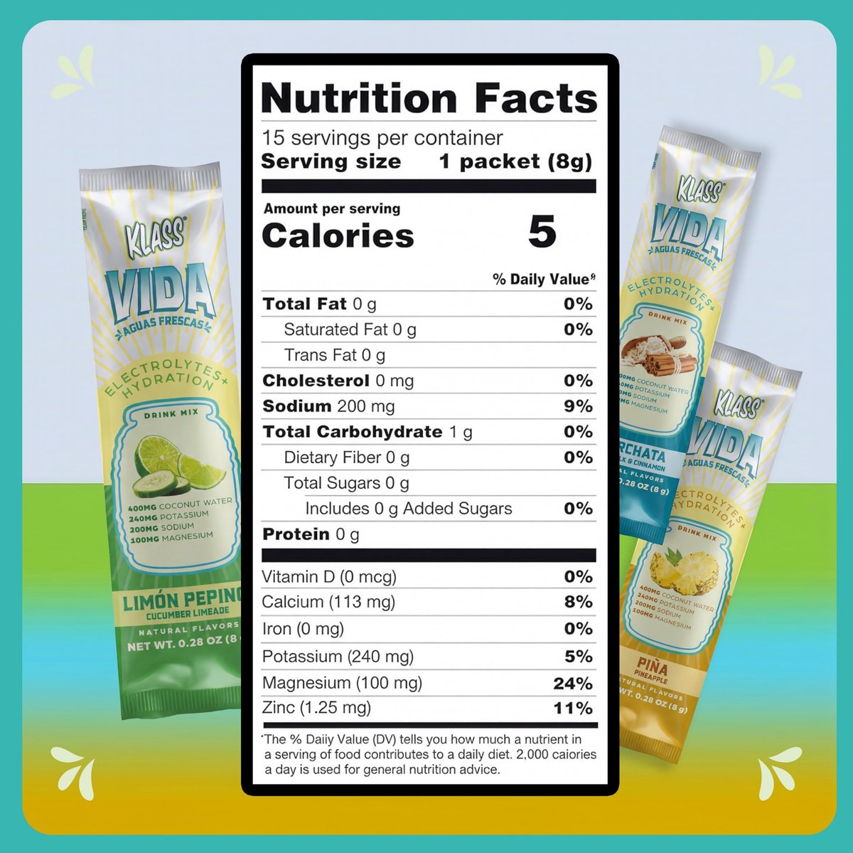 KLASS VIDA Variety Pack Ananas, Horchata & Gurken-Limetten-Limonade Agua Fresca Elektrolyte | Elektrolyt-Getränkemischung | Zuckerfreie Elektrolyte | Hydrationsbeutel | 15 Stick-Packs