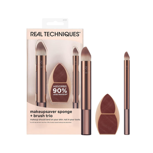 Real Techniques Makeupsaver Schwamm + Pinsel Trio – Makeup-Schwamm und Pinsel für flüssige & cremige Foundations, natürlicher Finish & Reduzierung von Makeup-Abfall, tierversuchsfrei & latexfrei, 3-teiliges Set